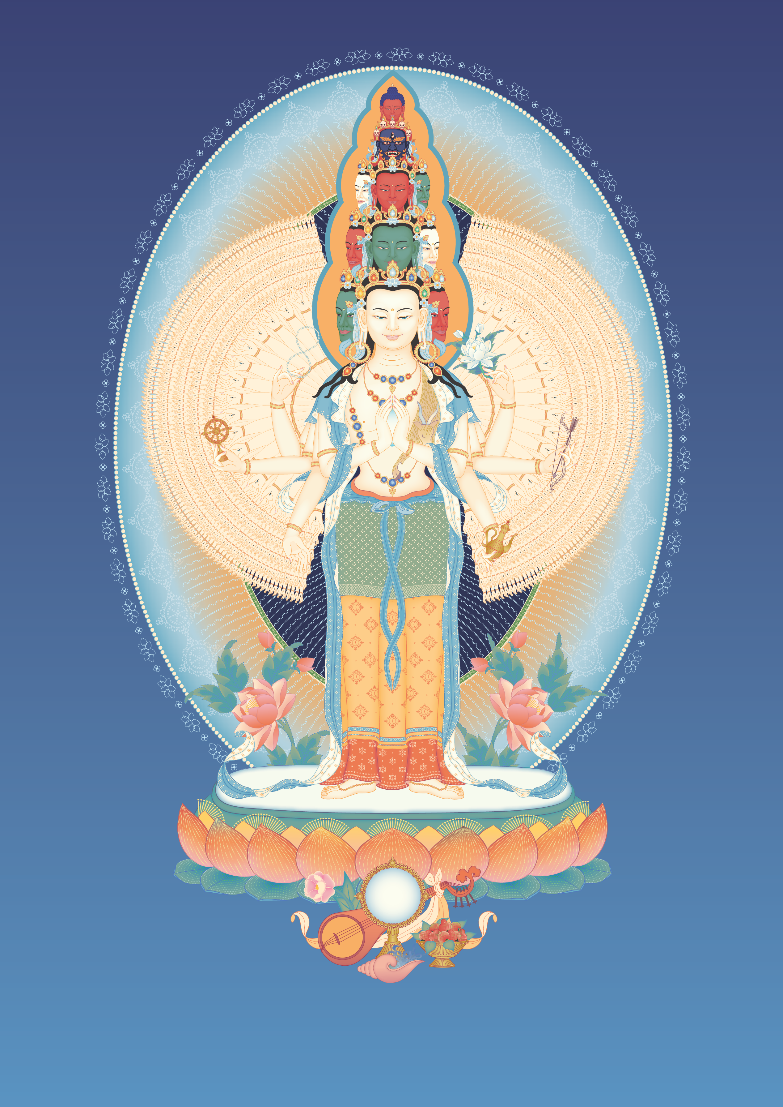 Avalokiteshvara (1000-armed) 2 with offerings and background