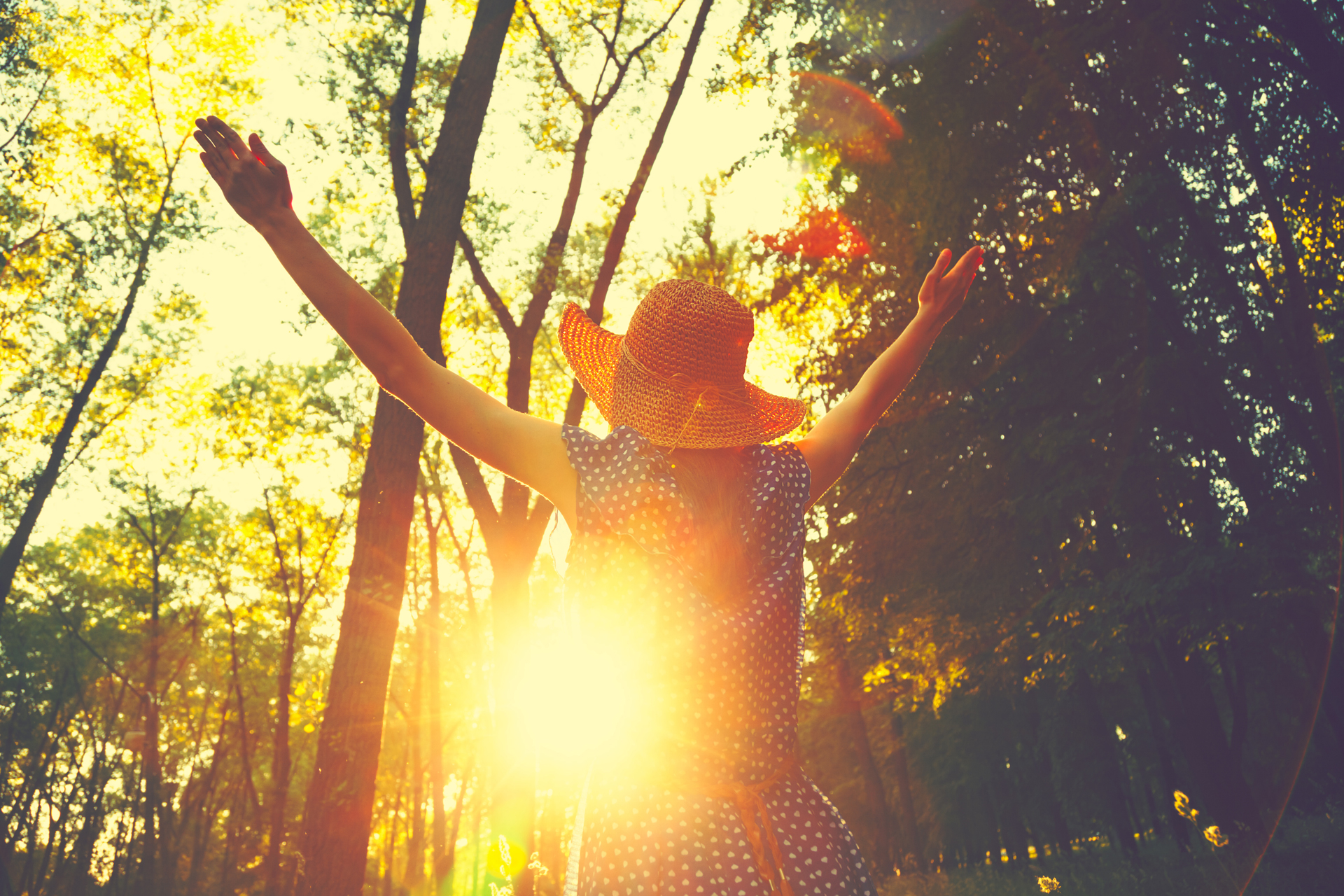 Woman Standing Free in Woods with Sunlight